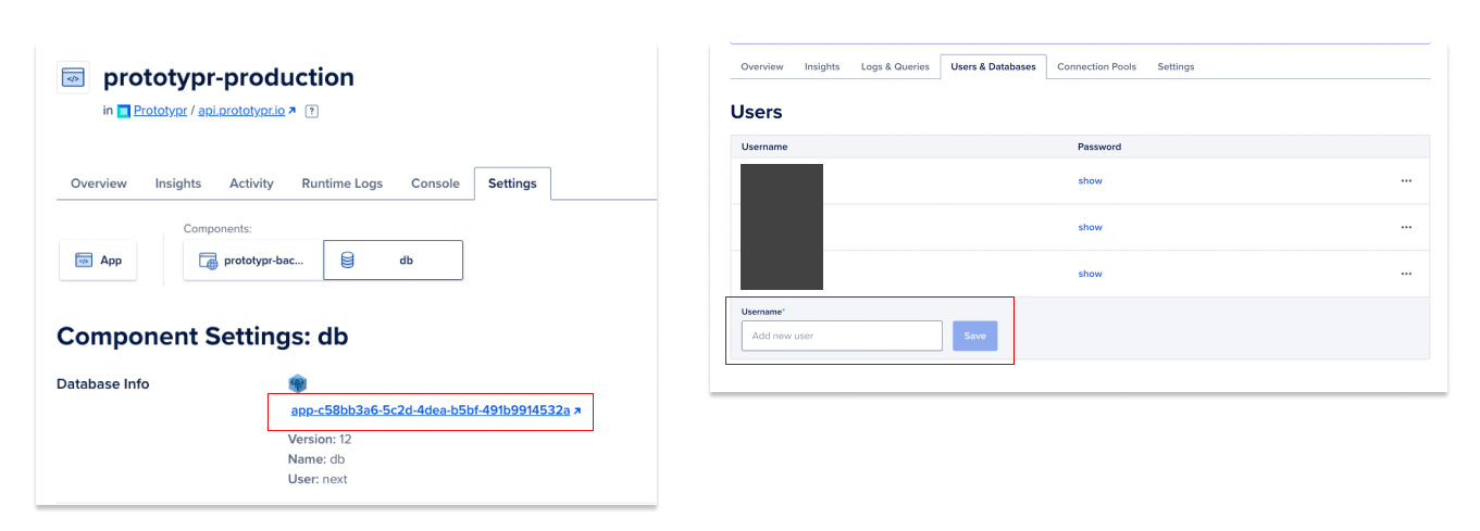 2 Screenshots of Digitalocean dashboard, highlighting the database management url, and then where to add a database user
